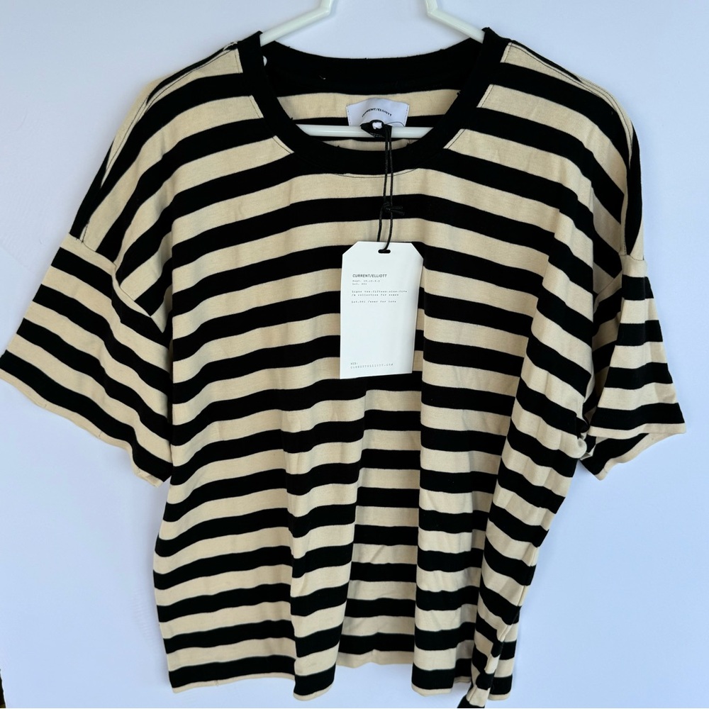 Current/Elliott Black and Cream Striped Short Sleeve Tee
